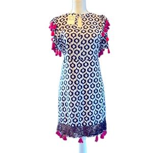 NWT THML Adorable Cotton Mini Dress Hot Pink Tassels Sequins Fully Lined Sz Lg
